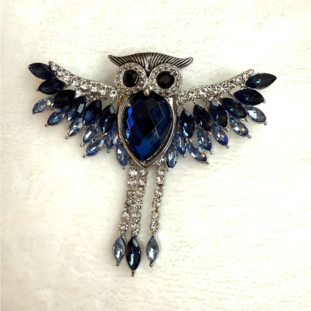 Anne Klein signed Blue and Silvertone Owl Brooch NWOT - Picture 2 of 4